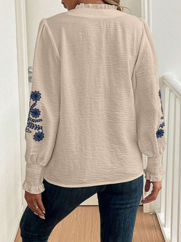 Clasi Women's Fall Ruffle Trim Embroidered Blue And White Long Sleeve Shirt