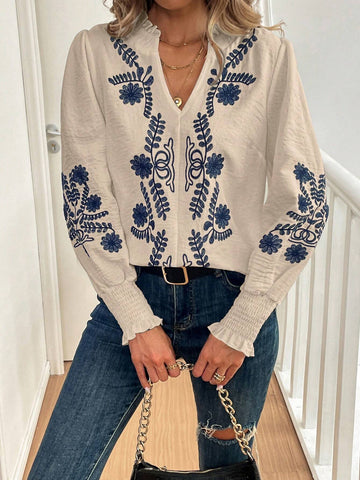 Clasi Women's Fall Ruffle Trim Embroidered Blue And White Long Sleeve Shirt