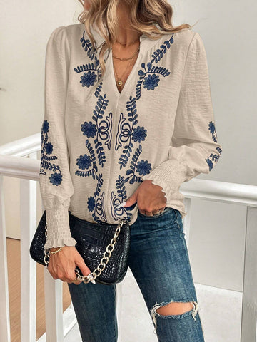 Clasi Women's Fall Ruffle Trim Embroidered Blue And White Long Sleeve Shirt