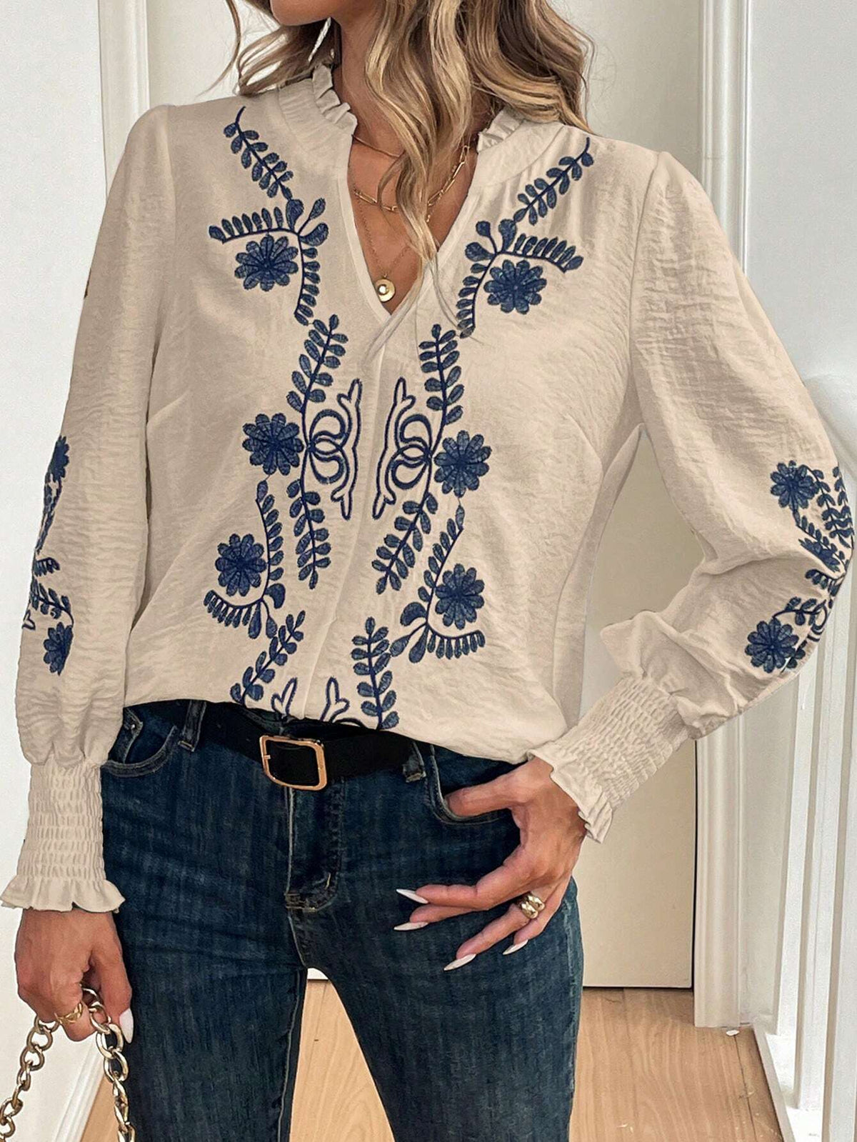 Clasi Women's Fall Ruffle Trim Embroidered Blue And White Long Sleeve Shirt