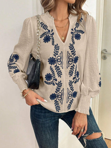 Clasi Women's Fall Ruffle Trim Embroidered Blue And White Long Sleeve Shirt