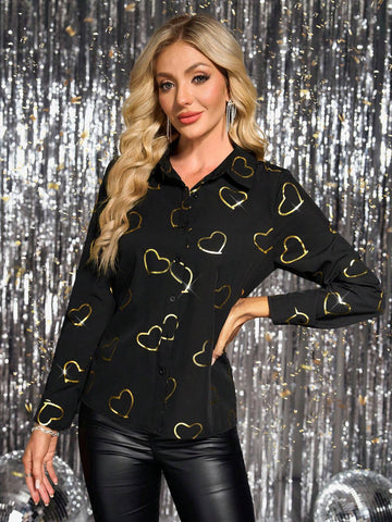 Clasi Women's Fashion Party New Year Heart Gold Foil Print Blouse