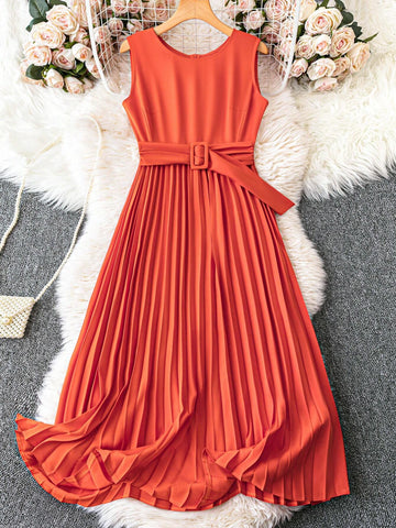 Women's Fashion Solid Color Round Neck Sleeveless Dress With Pleated Waistband, Summer