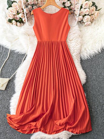 Women's Fashion Solid Color Round Neck Sleeveless Dress With Pleated Waistband, Summer