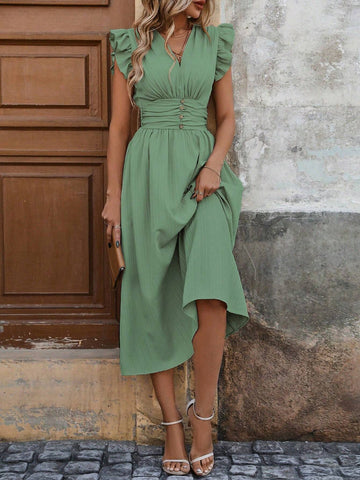 Women's Fashion Solid Color Ruffle Sleeve Dress