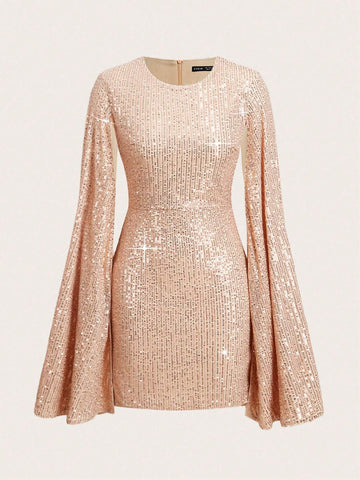 Women's Fashionable Elegant Sequin Split Sleeve Dress, Homecoming Dress Sexy Halloween Glitter Dress