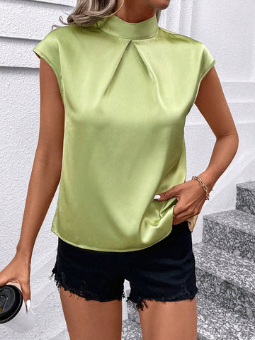 Clasi Women's Fashionable Solid Color Sleeveless Stand Collar Satin Blouse