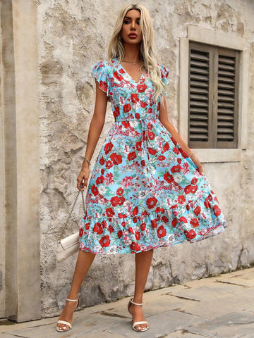 Women's Fashionable Summer Holiday Style Floral Print Waist-Cinched Bridgerton Style Dress