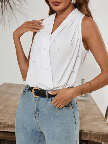 Women's Fashionable V-Neck Sleeveless Solid Color Bodysuit With Pearl Buttons