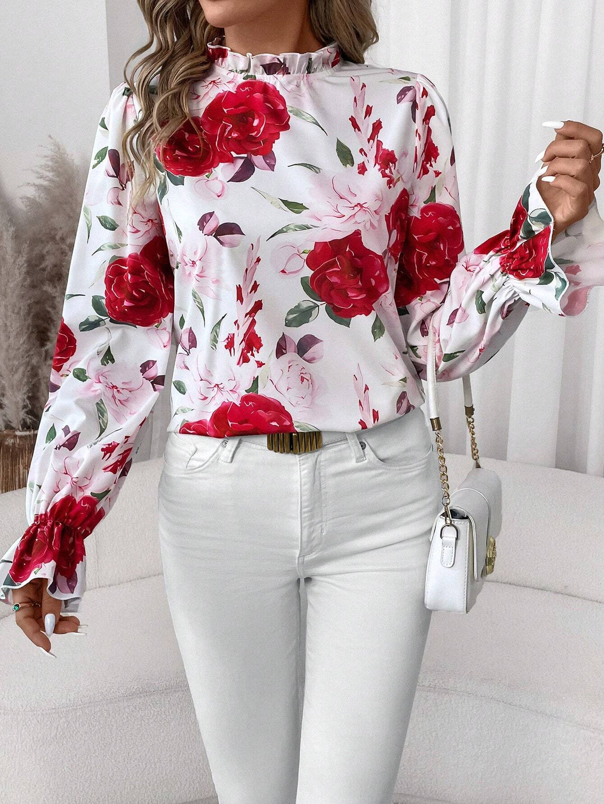 Clasi Women's Fashionable Versatile Floral Print Frill Trim Shirt, Suitable For Autumn/Winter
