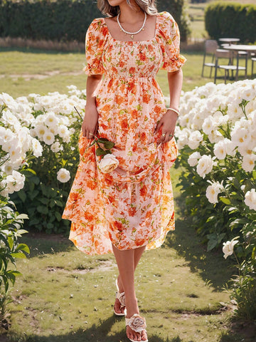 Women's Flattering Puff Sleeve Dress With Random Print Patterns For Travel Outfit