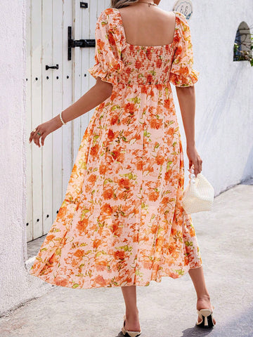 Women's Flattering Puff Sleeve Dress With Random Print Patterns For Travel Outfit