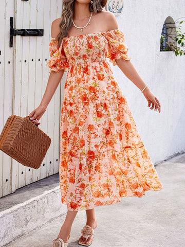 Women's Flattering Puff Sleeve Dress With Random Print Patterns For Travel Outfit