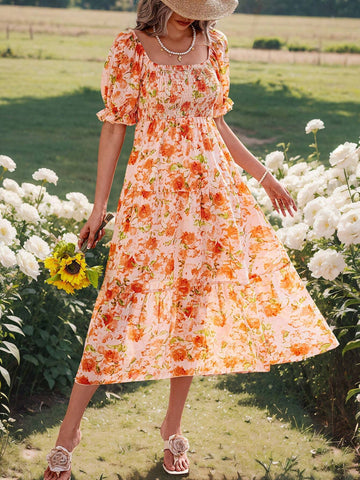 Women's Flattering Puff Sleeve Dress With Random Print Patterns For Travel Outfit