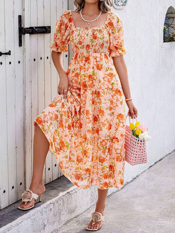 Women's Flattering Puff Sleeve Dress With Random Print Patterns For Travel Outfit