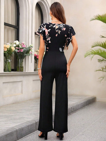 Summer Floral Patchwork Ruffle Sleeve Women Jumpsuit
