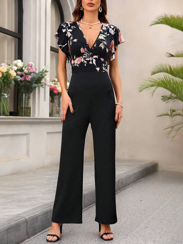 Summer Floral Patchwork Ruffle Sleeve Women Jumpsuit