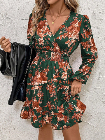Women's Floral Print Cinched Waist Vintage Midi Dress