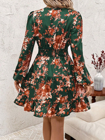 Women's Floral Print Cinched Waist Vintage Midi Dress