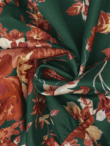 Women's Floral Print Cinched Waist Vintage Midi Dress