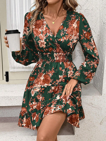 Women's Floral Print Cinched Waist Vintage Midi Dress