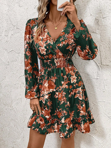 Women's Floral Print Cinched Waist Vintage Midi Dress