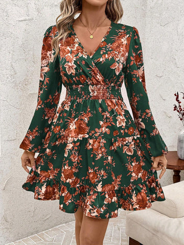Women's Floral Print Cinched Waist Vintage Midi Dress