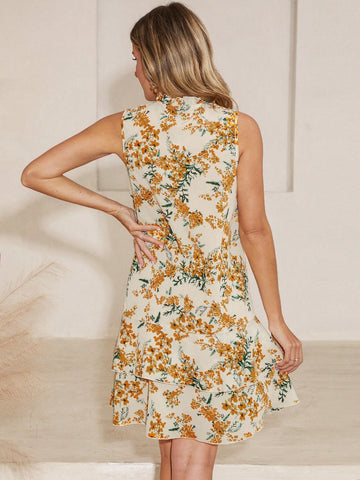 Women's Floral Print Double Layer Ruffle Hem Dress