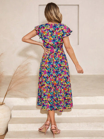 Women's Floral Print Flying Sleeve Dress Long Summer Dress