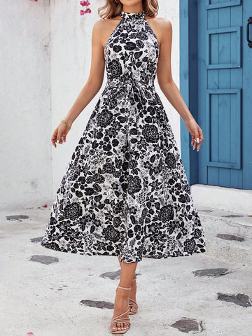 Women's Floral Print Halter Neck Dress