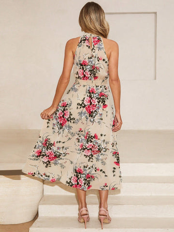 Women's Floral Print Halter Neck Long Summer Dress