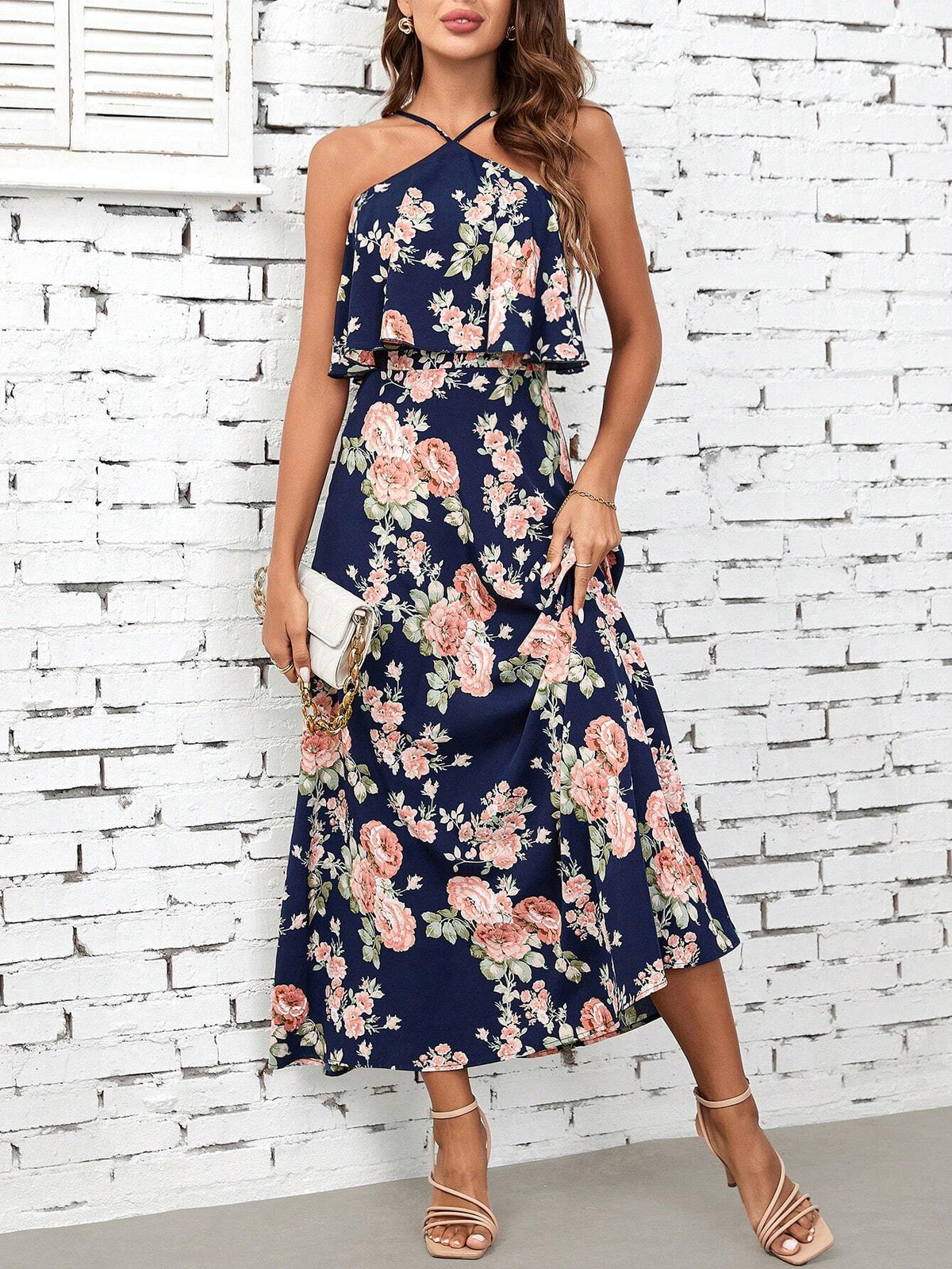 Women's Floral Print Halter Neck One Shoulder Summer Boho Country Concert Music Festival Maxi Dr