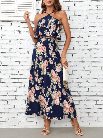 Women's Floral Print Halter Neck One Shoulder Summer Boho Country Concert Music Festival Maxi Dr