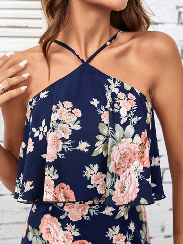 Women's Floral Print Halter Neck One Shoulder Summer Boho Country Concert Music Festival Maxi Dr