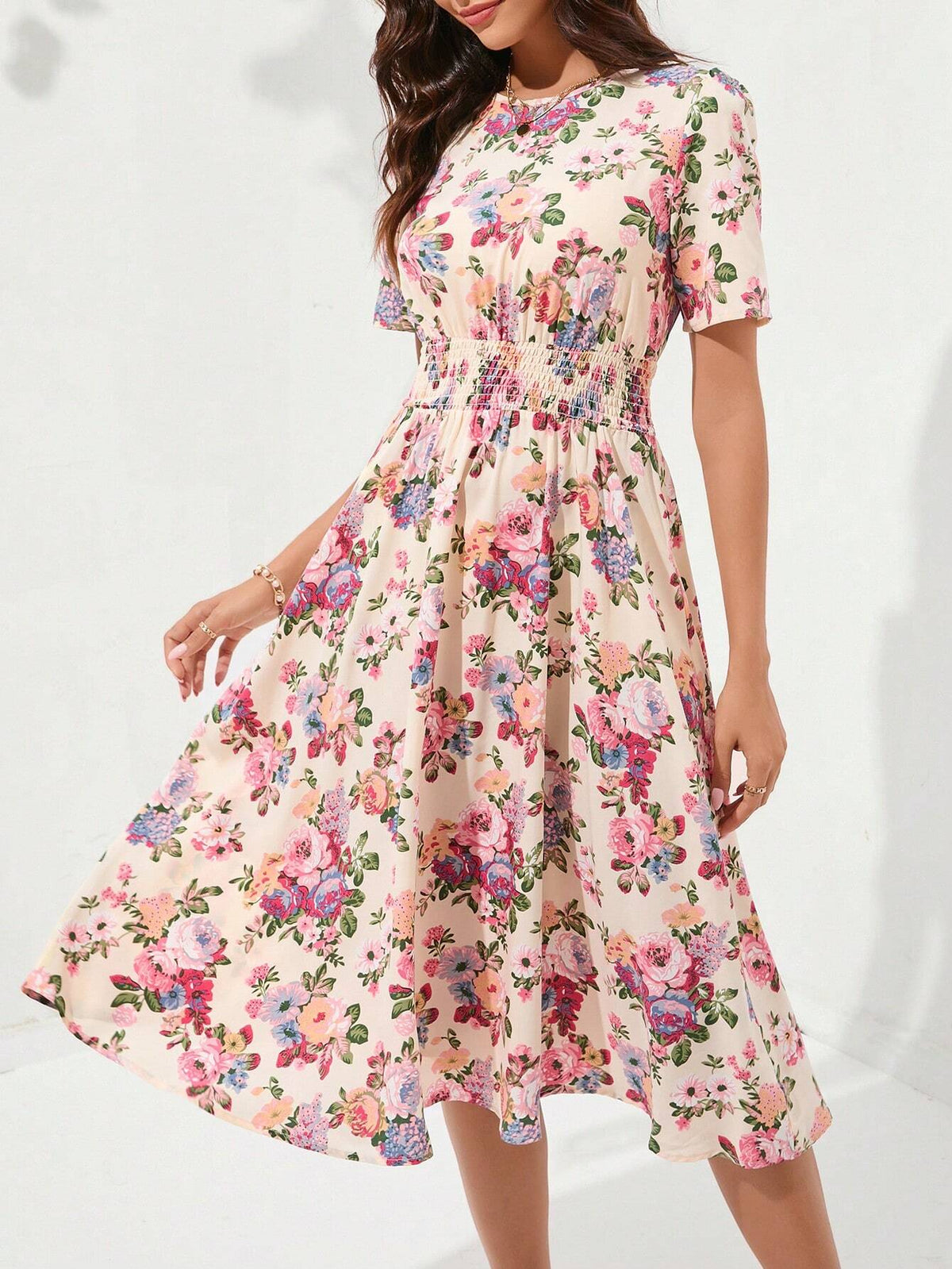 Women's Floral Print Round Neck Short Sleeve Waist Wrap Elegant Dress For Summer Vacation
