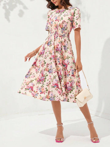 Women's Floral Print Round Neck Short Sleeve Waist Wrap Elegant Dress For Summer Vacation