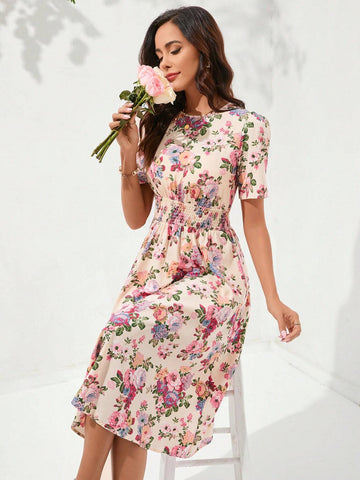 Women's Floral Print Round Neck Short Sleeve Waist Wrap Elegant Dress For Summer Vacation