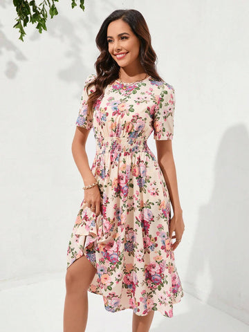 Women's Floral Print Round Neck Short Sleeve Waist Wrap Elegant Dress For Summer Vacation