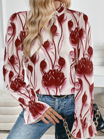 Clasi Women's Floral Print Ruffle Collar Long Sleeve Loose Fashion Blouse, Autumn