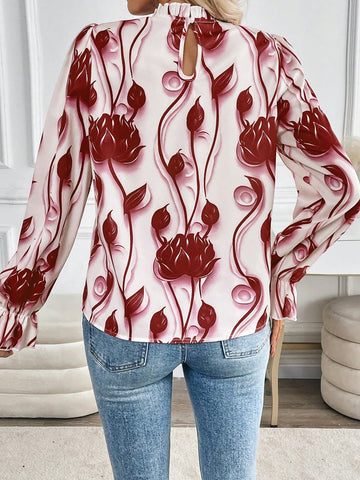 Clasi Women's Floral Print Ruffle Collar Long Sleeve Loose Fashion Blouse, Autumn