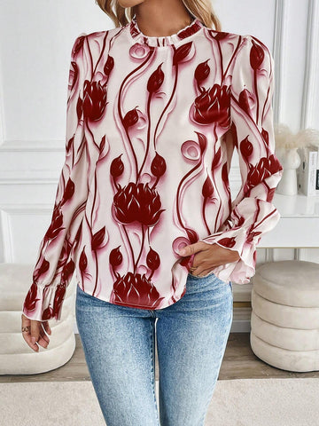 Clasi Women's Floral Print Ruffle Collar Long Sleeve Loose Fashion Blouse, Autumn