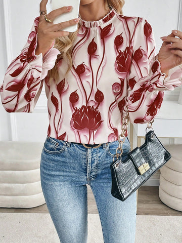 Clasi Women's Floral Print Ruffle Collar Long Sleeve Loose Fashion Blouse, Autumn