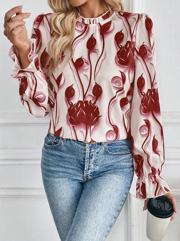 Clasi Women's Floral Print Ruffle Collar Long Sleeve Loose Fashion Blouse, Autumn