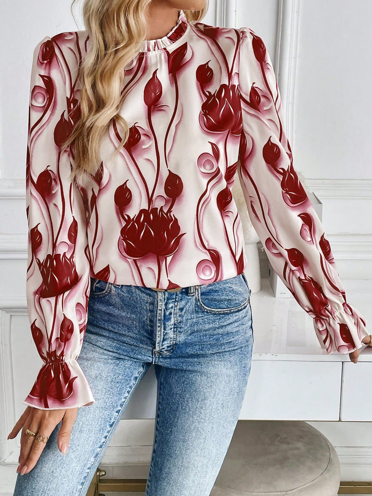 Clasi Women's Floral Print Ruffle Collar Long Sleeve Loose Fashion Blouse, Autumn