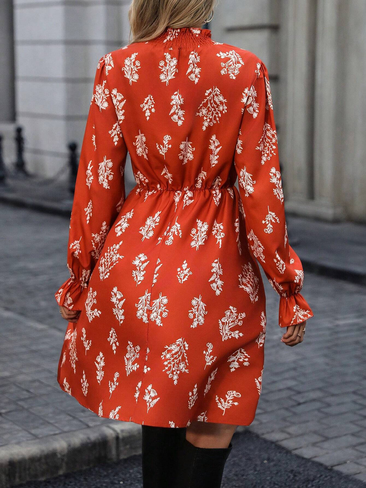 Women's Floral Print Ruffled Neck Long Sleeve Loose Short Dress, Autumn