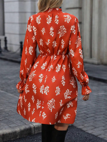Women's Floral Print Ruffled Neck Long Sleeve Loose Short Dress, Autumn