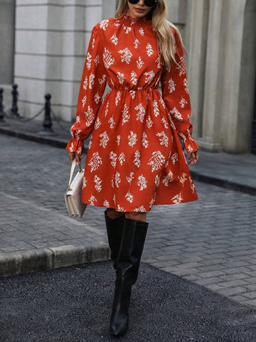 Women's Floral Print Ruffled Neck Long Sleeve Loose Short Dress, Autumn