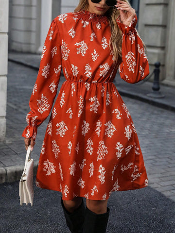 Women's Floral Print Ruffled Neck Long Sleeve Loose Short Dress, Autumn