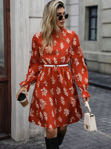 Women's Floral Print Ruffled Neck Long Sleeve Loose Short Dress, Autumn