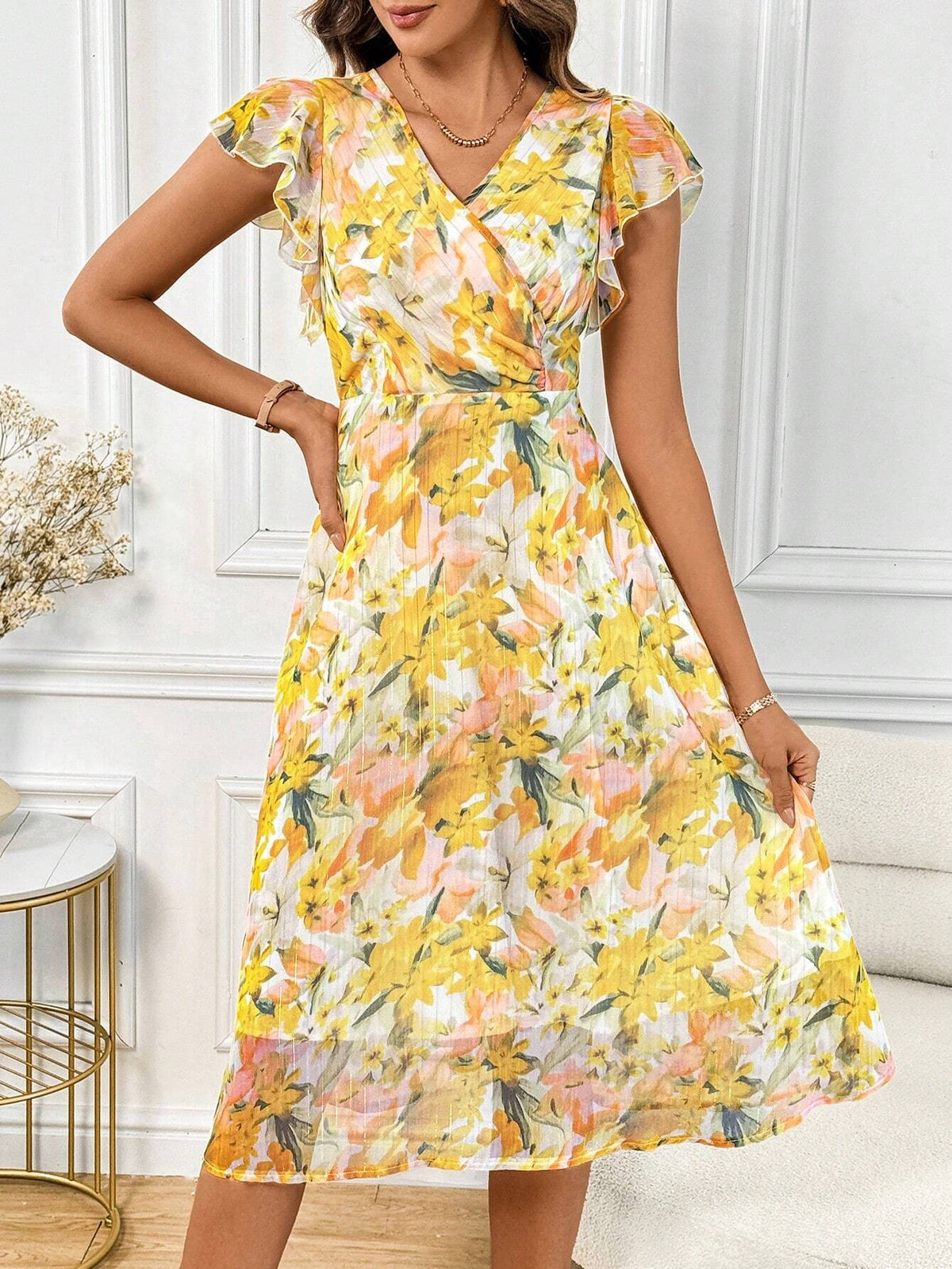 Women's Floral Print V-Neck Cap Sleeve Elegant Vacation Bridgerton Style Dress